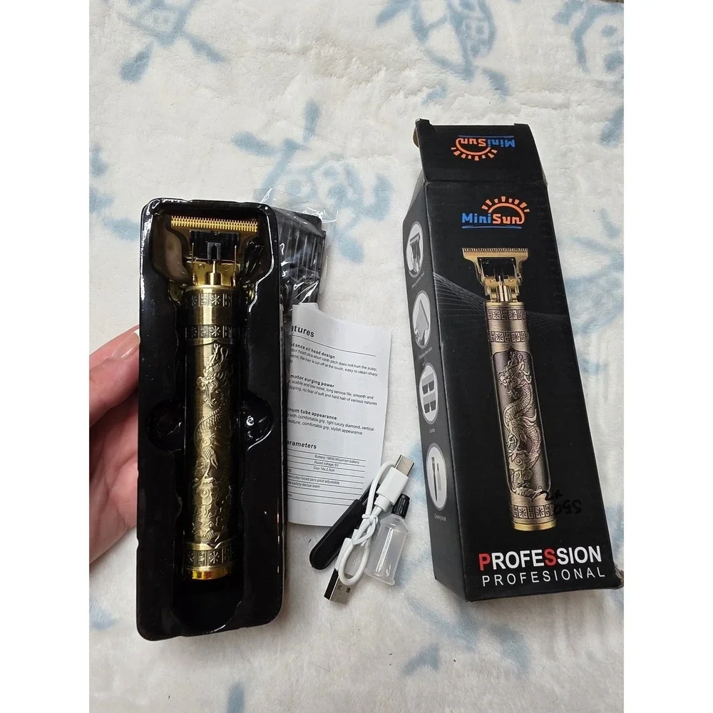 MiniSun Professional Cordless Hair Trimmer Dragon Embossed T-Blade Clipper Gold‎